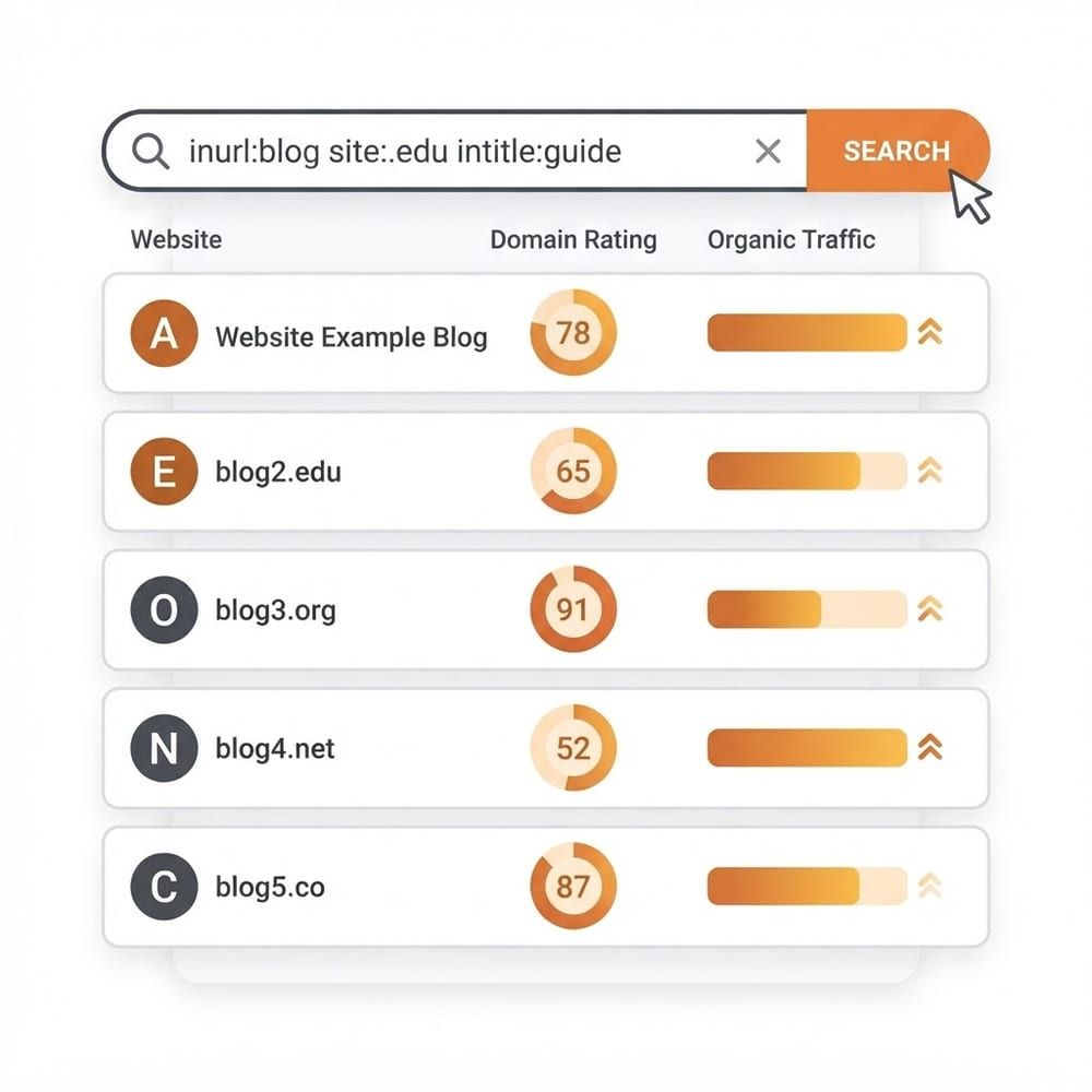SEO tool search query returning a filtered list of blogs with domain rating badges