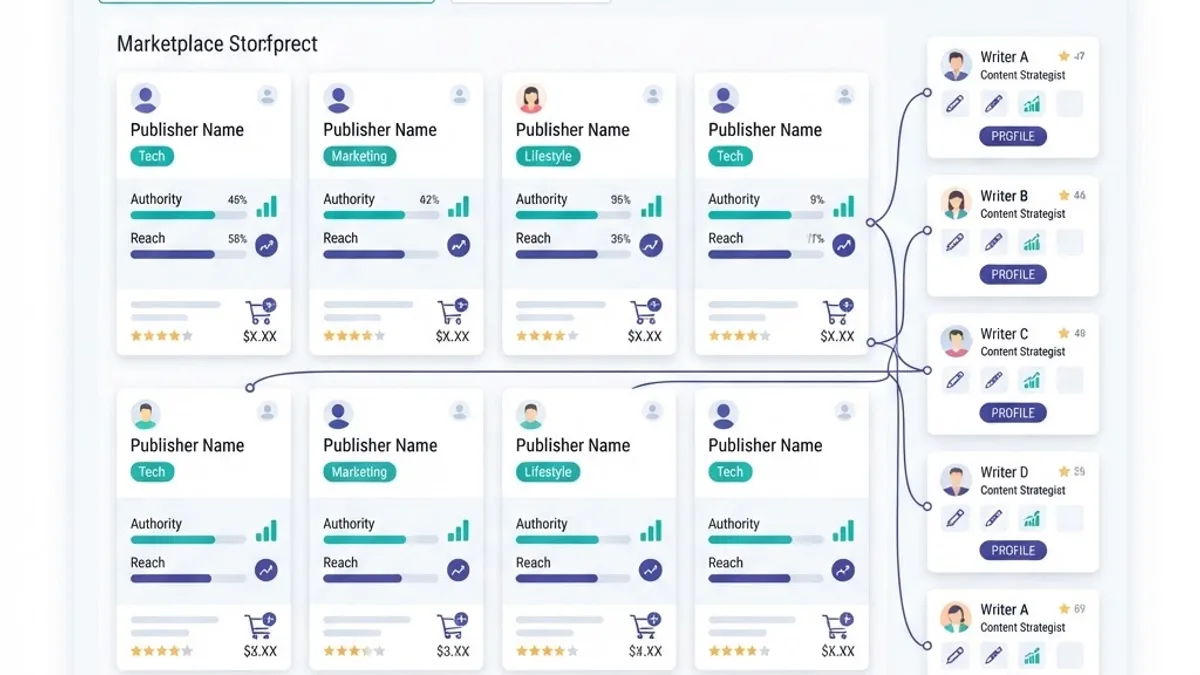 Illustration of an online marketplace dashboard with publisher cards, metric bars, and a shopping cart icon