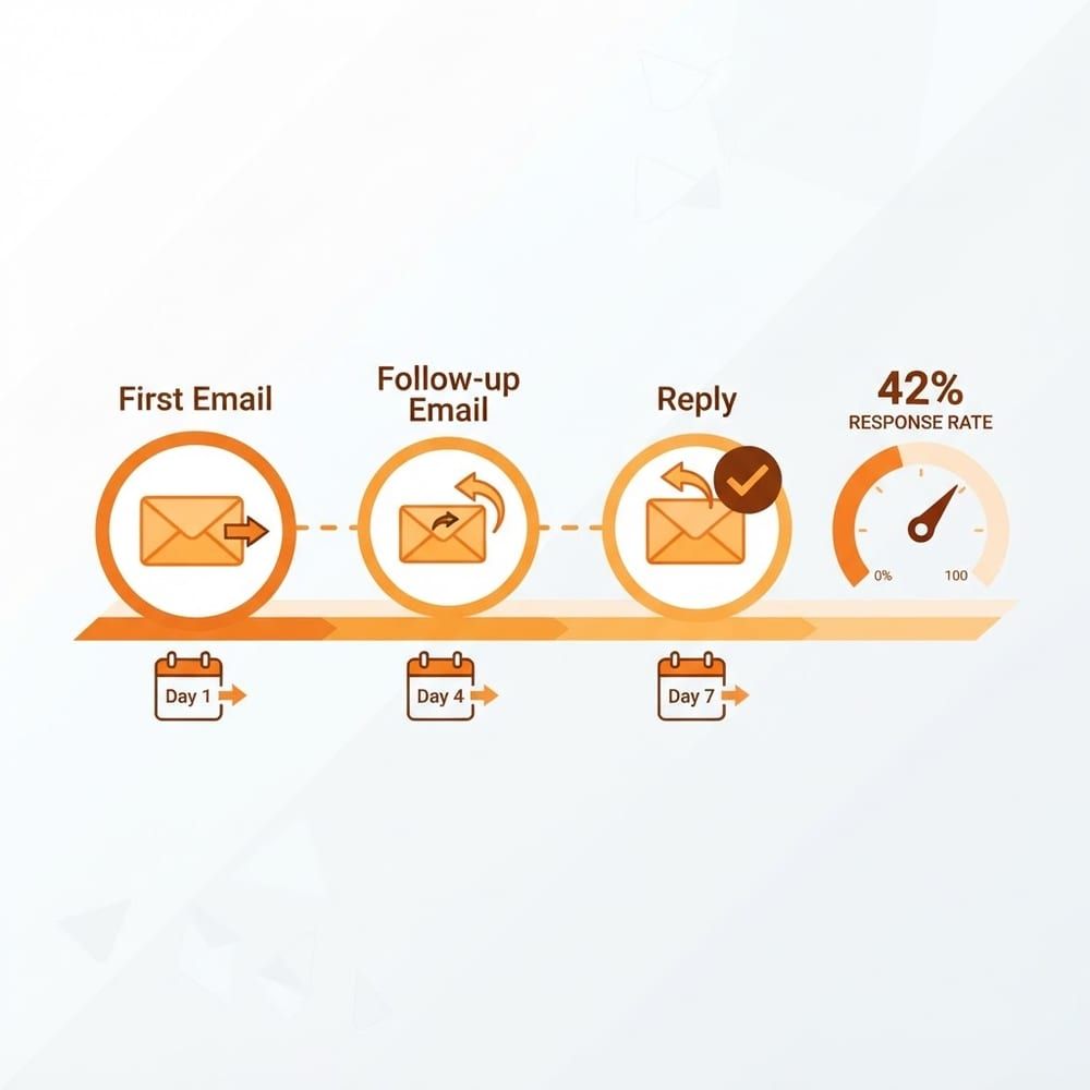 Outreach email sequence timeline with first email, follow up, and reply with response rate gauge